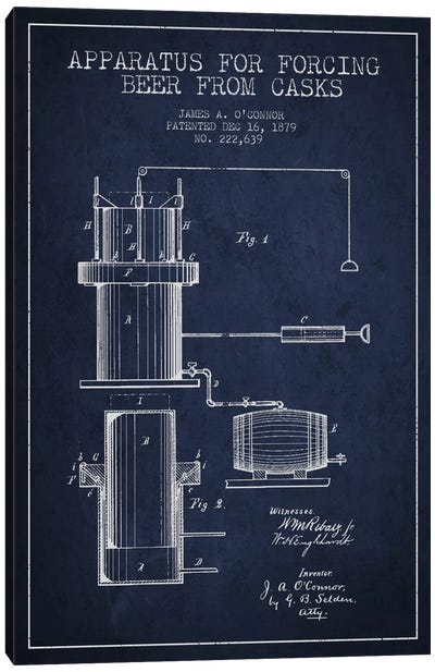 Beer Apparatus Navy Blue Patent Blueprint Canvas Art Print - Drink & Beverage Art