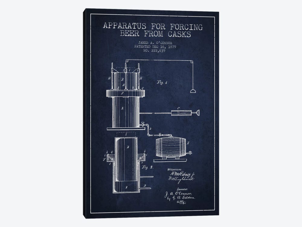 Beer Apparatus Navy Blue Patent Blueprint by Aged Pixel 1-piece Canvas Print