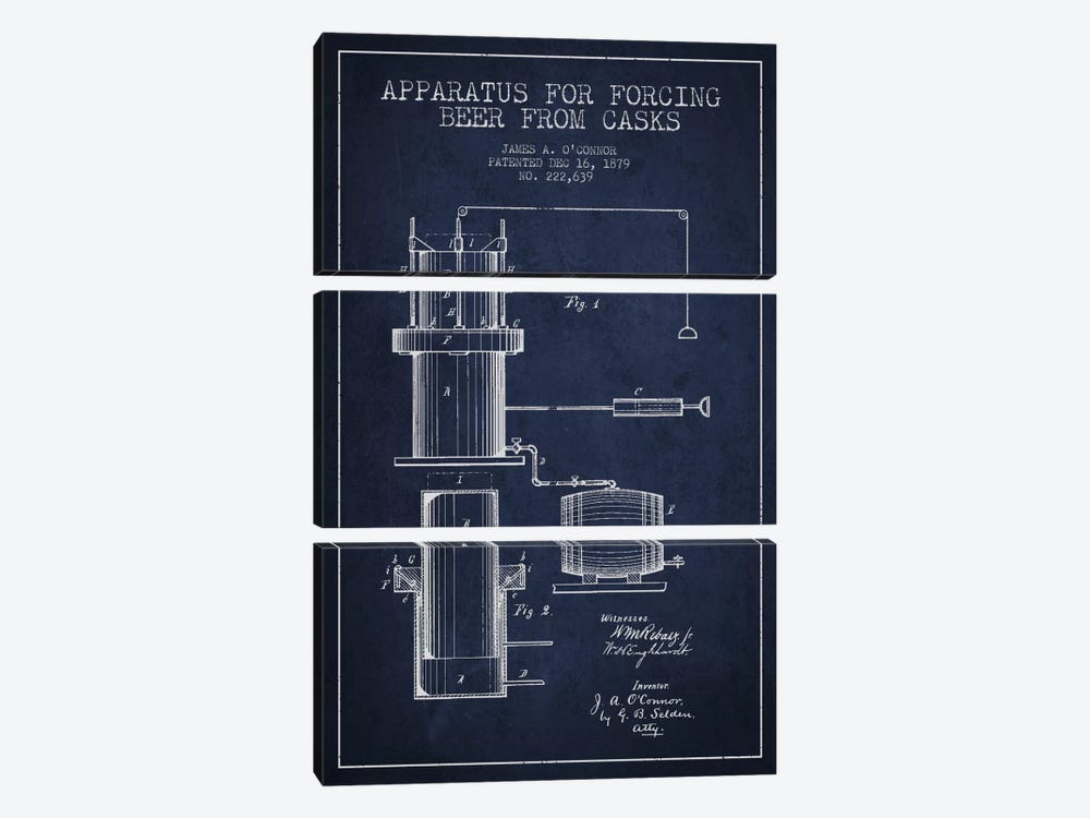 Beer Apparatus Navy Blue Patent Blueprint by Aged Pixel 3-piece Art Print