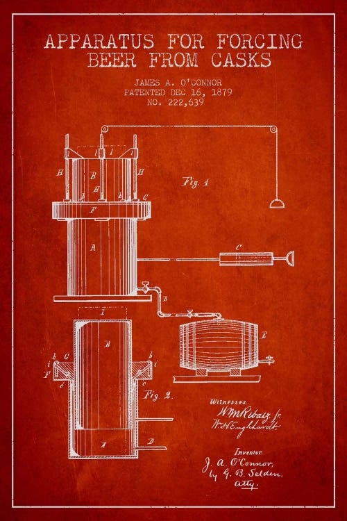 Beer Apparatus Red II Patent Blueprint by Aged Pixel wall art