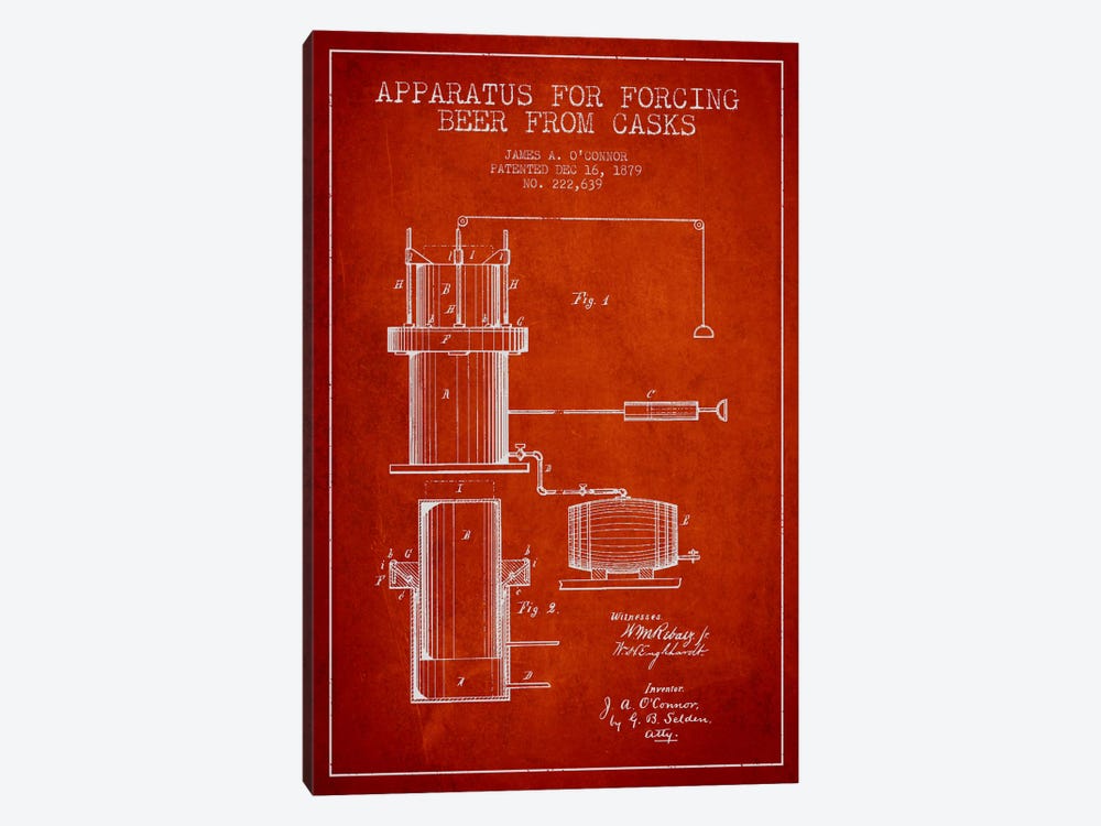Beer Apparatus Red Patent Blueprint 1-piece Canvas Artwork