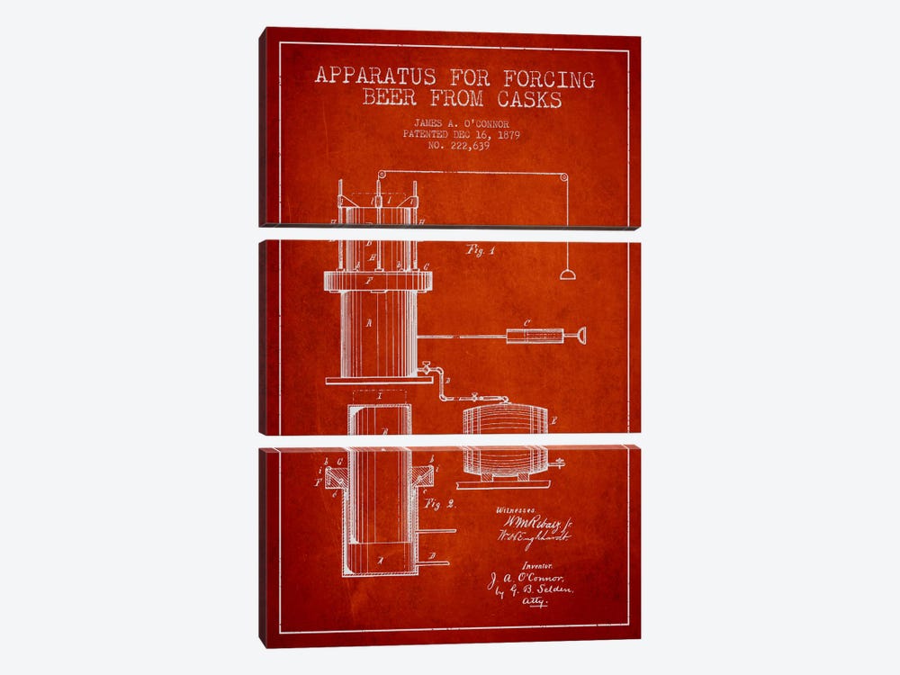 Beer Apparatus Red Patent Blueprint by Aged Pixel 3-piece Canvas Art