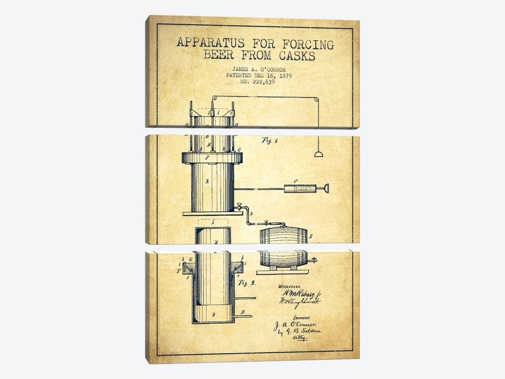 Beer Apparatus Vintage Patent Blueprint by Aged Pixel 3-piece Canvas Art Print