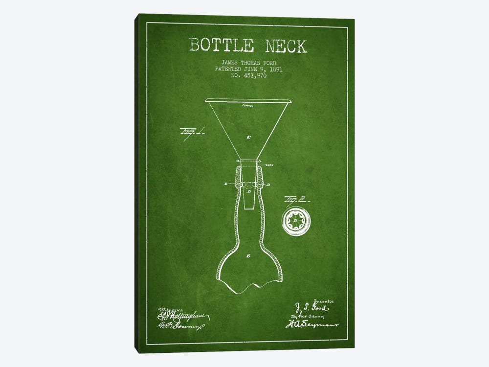 Beer Bottle Green Patent Blueprint by Aged Pixel 1-piece Canvas Art Print