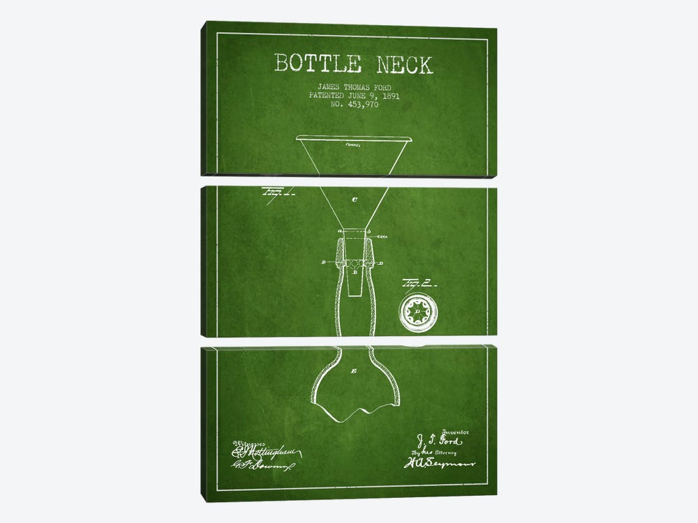 Beer Bottle Green Patent Blueprint by Aged Pixel 3-piece Canvas Art Print