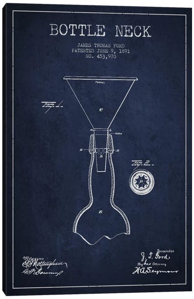 Beer Bottle Navy Blue Patent Blueprint Canvas Art Print - Drink & Beverage Art