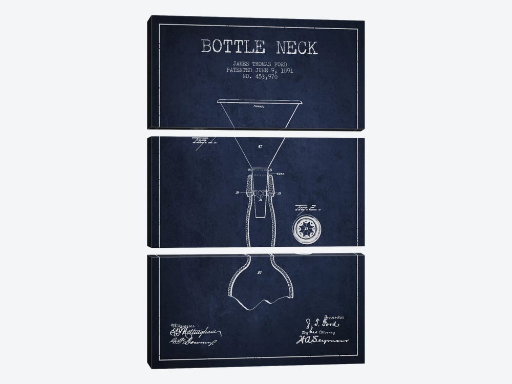 Beer Bottle Navy Blue Patent Blueprint by Aged Pixel 3-piece Canvas Art