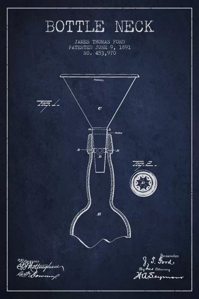 Food & Drink Blueprints: Beer Bottle Navy Blue I Patent Blueprint by Aged Pixel