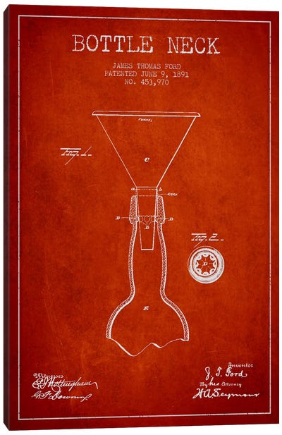 Beer Bottle Red Patent Blueprint Canvas Art Print - Aged Pixel: Drink & Beer