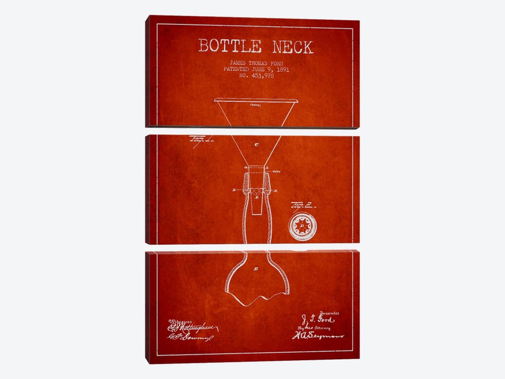 Beer Bottle Red Patent Blueprint by Aged Pixel 3-piece Canvas Art Print