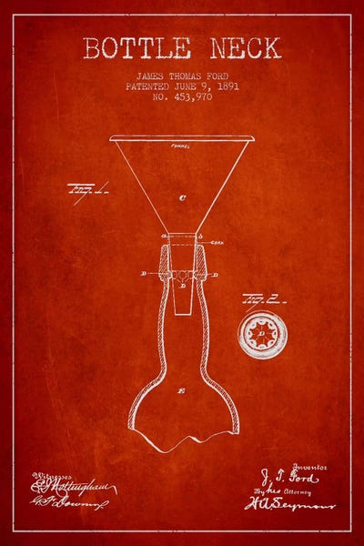 Food & Drink Blueprints: Beer Bottle Red I Patent Blueprint by Aged Pixel