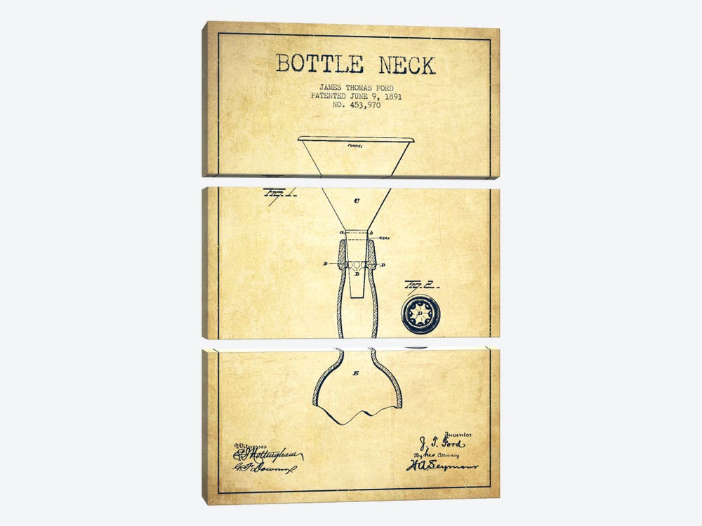 Beer Bottle Vintage Patent Blueprint by Aged Pixel 3-piece Canvas Wall Art