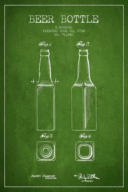 Beer Bottle Green II Patent Blueprint by Aged Pixel wall art