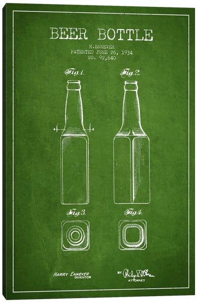 Beer Bottle Green Patent Blueprint Canvas Art Print - Drink & Beverage Art
