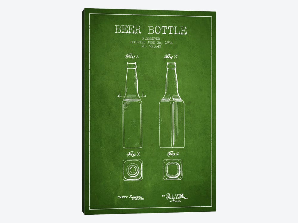 Beer Bottle Green Patent Blueprint by Aged Pixel 1-piece Canvas Print