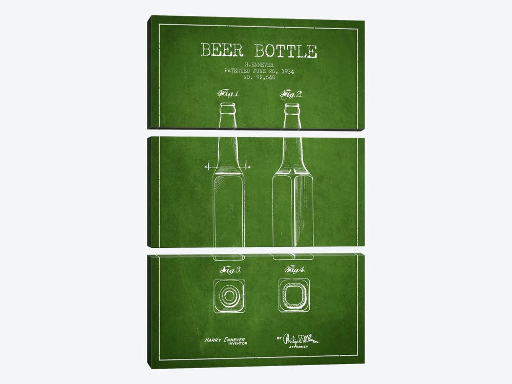 Beer Bottle Green Patent Blueprint by Aged Pixel 3-piece Canvas Art Print