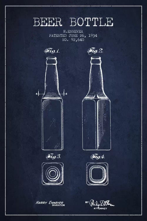 Beer Bottle Navy Blue II Patent Blueprint by Aged Pixel wall art
