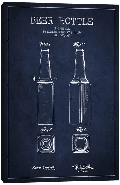 Beer Bottle Navy Blue Patent Blueprint Canvas Art Print - Aged Pixel: Drink & Beer