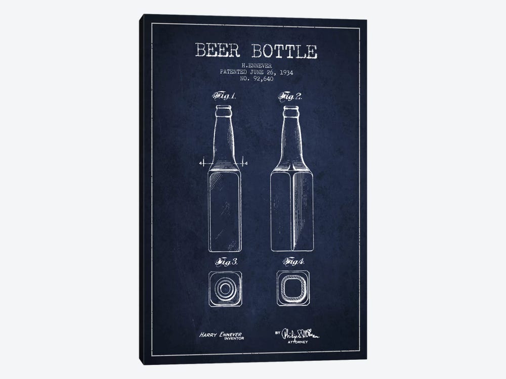 Beer Bottle Navy Blue Patent Blueprint by Aged Pixel 1-piece Canvas Wall Art