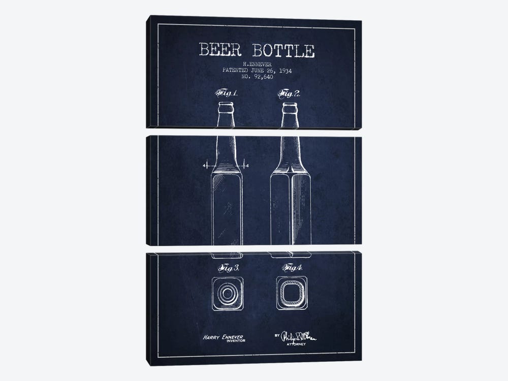 Beer Bottle Navy Blue Patent Blueprint by Aged Pixel 3-piece Canvas Artwork