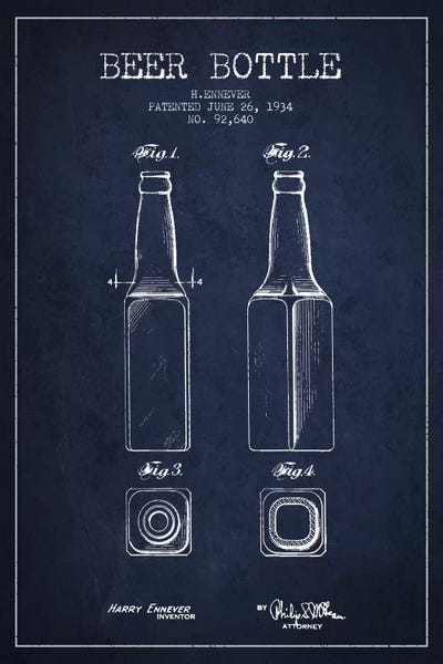 Food & Drink Blueprints: Beer Bottle Navy Blue II Patent Blueprint by Aged Pixel