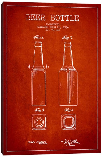 Beer Bottle Red Patent Blueprint Canvas Art Print - Drink & Beverage Art