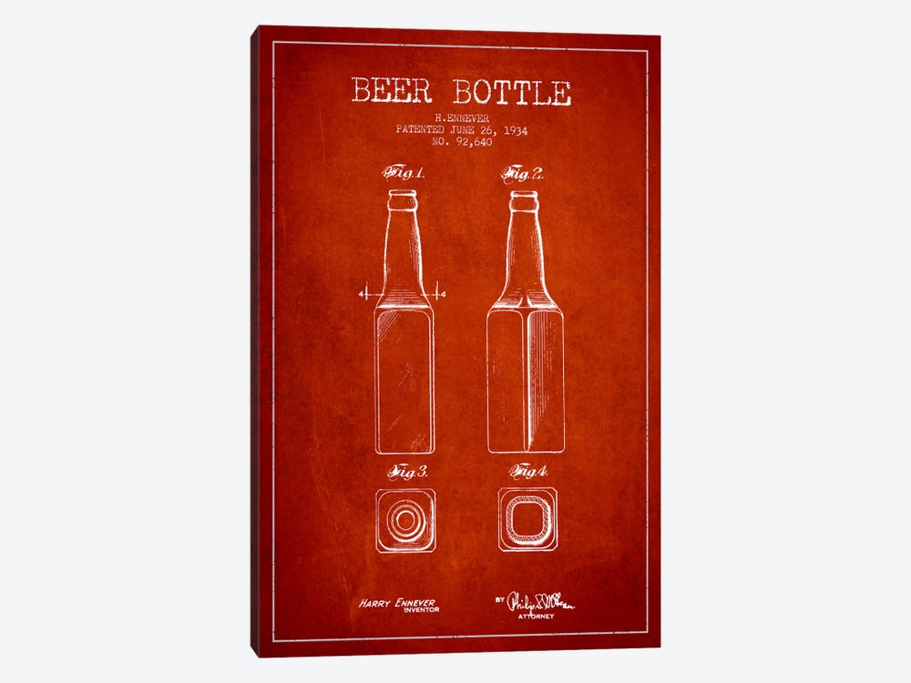 Beer Bottle Red Patent Blueprint by Aged Pixel 1-piece Art Print