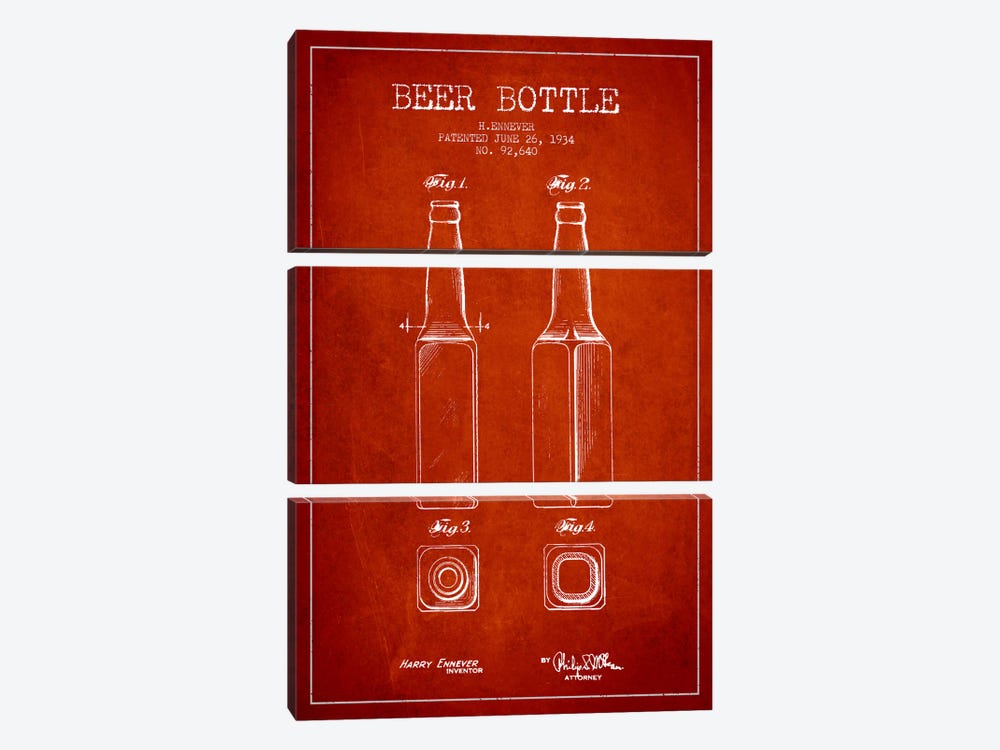 Beer Bottle Red Patent Blueprint by Aged Pixel 3-piece Art Print