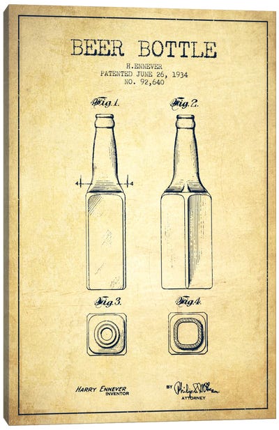 Beer Bottle Vintage Patent Blueprint Canvas Art Print - Aged Pixel: Drink & Beer