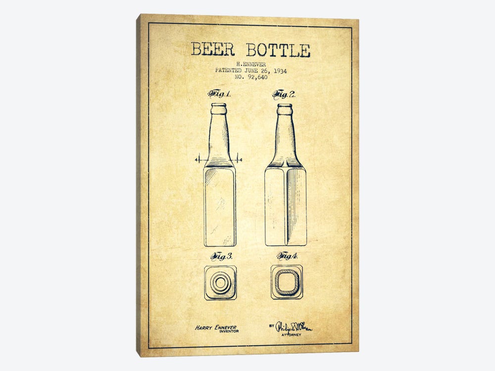 Beer Bottle Vintage Patent Blueprint by Aged Pixel 1-piece Canvas Wall Art