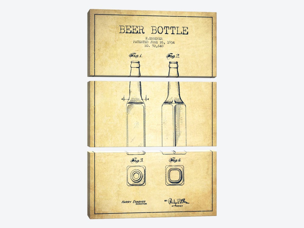 Beer Bottle Vintage Patent Blueprint by Aged Pixel 3-piece Canvas Art