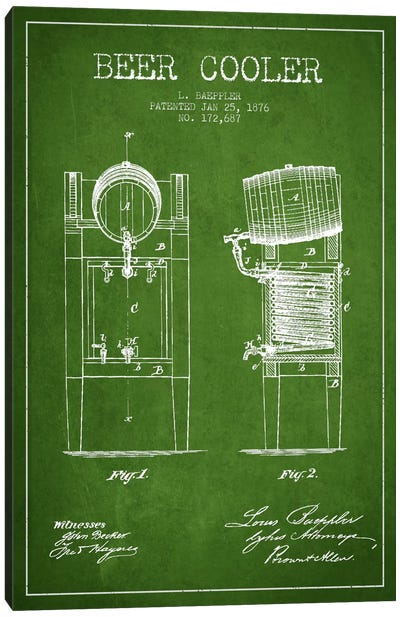 Beer Cooler Green Patent Blueprint Canvas Art Print - Bar Art