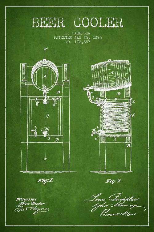 Beer Cooler Green Patent Blueprint by Aged Pixel wall art