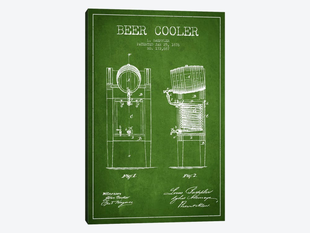 Beer Cooler Green Patent Blueprint by Aged Pixel 1-piece Canvas Artwork