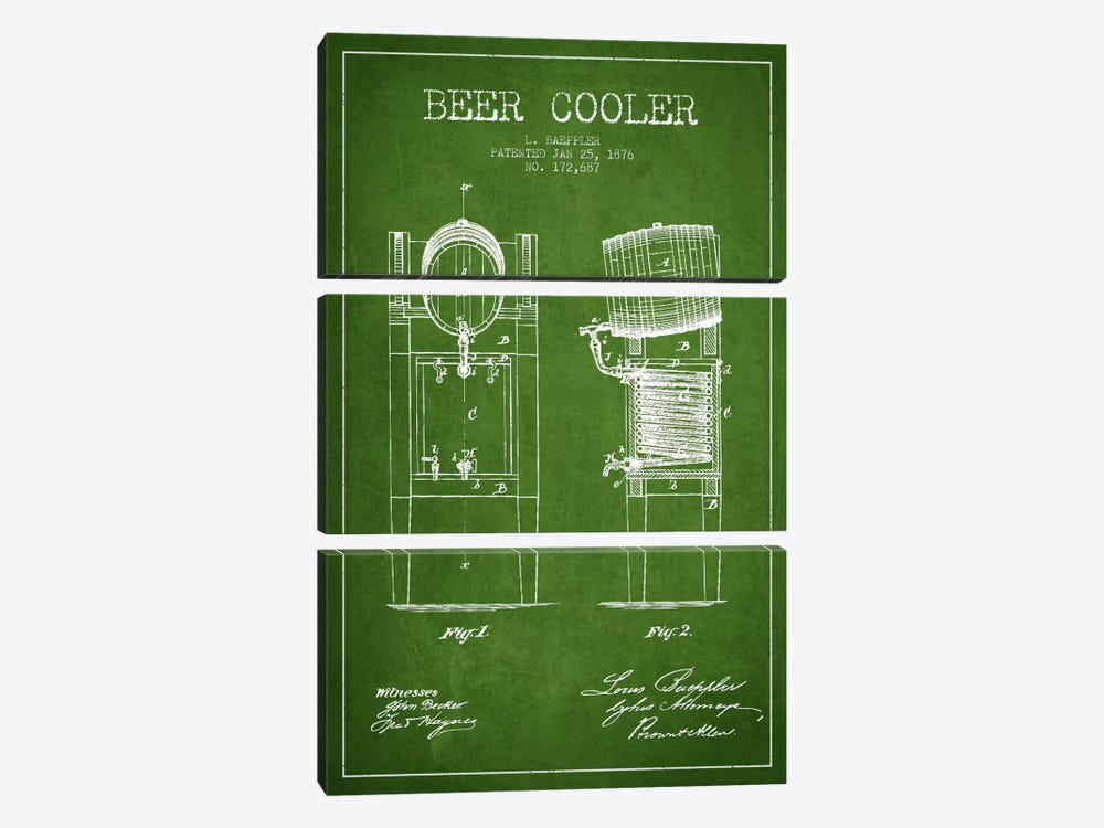 Beer Cooler Green Patent Blueprint by Aged Pixel 3-piece Canvas Wall Art