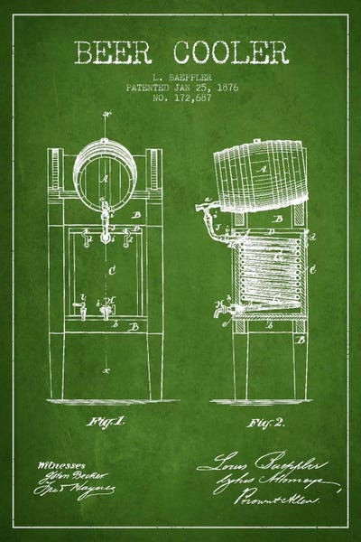 Food & Drink Blueprints: Beer Cooler Green Patent Blueprint by Aged Pixel