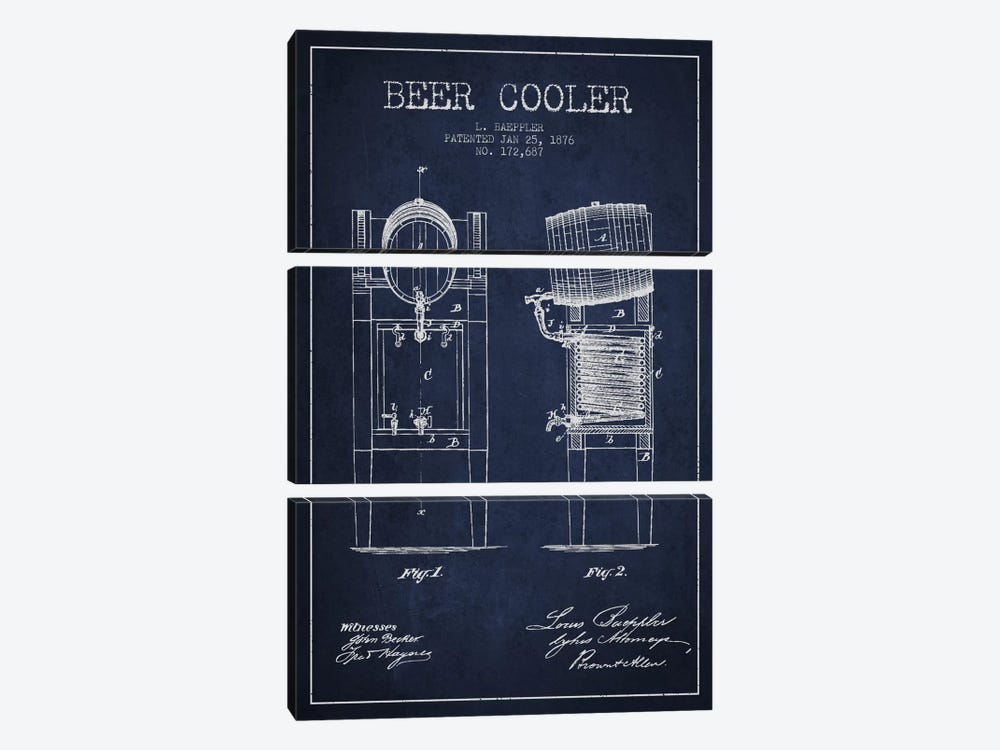 Beer Cooler Navy Blue Patent Blueprint by Aged Pixel 3-piece Art Print