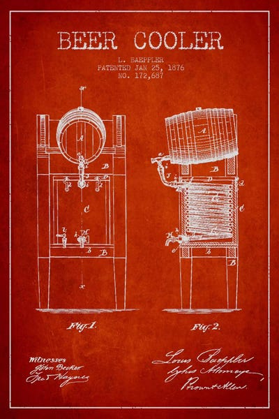 Beer Cooler Red Patent Blueprint by Aged Pixel metal wall art