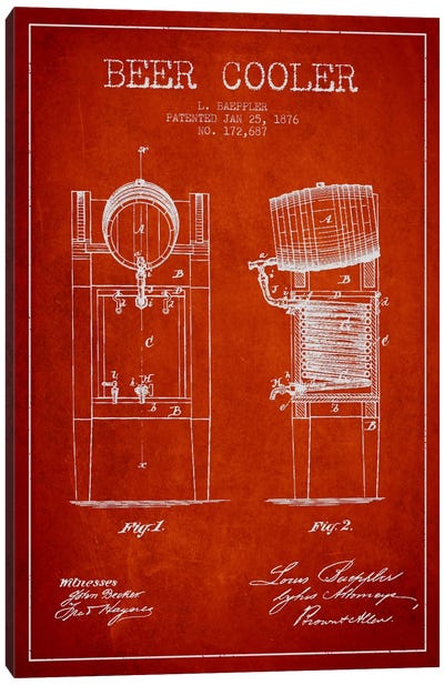 Beer Cooler Red Patent Blueprint Canvas Art Print - Aged Pixel: Drink & Beer