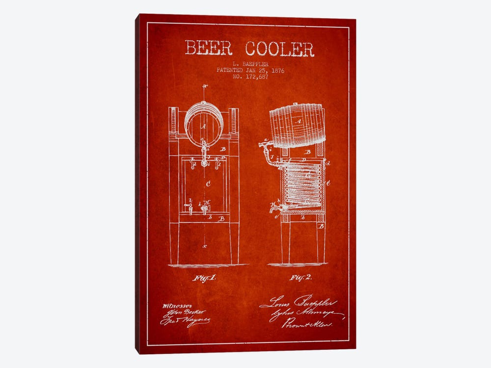 Beer Cooler Red Patent Blueprint by Aged Pixel 1-piece Canvas Art