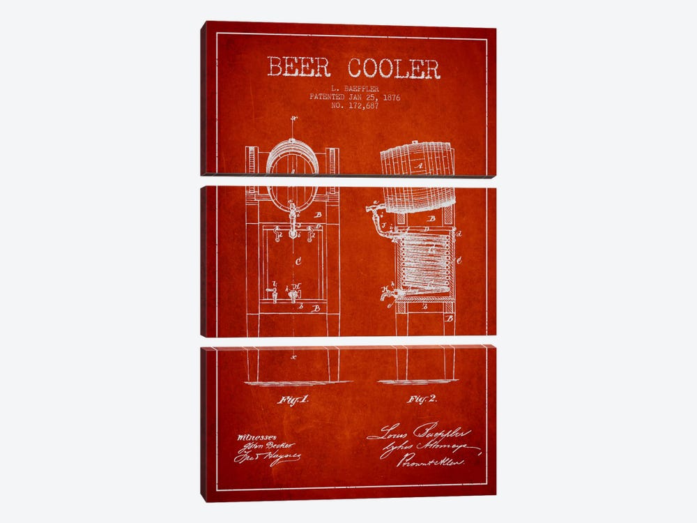 Beer Cooler Red Patent Blueprint by Aged Pixel 3-piece Canvas Art