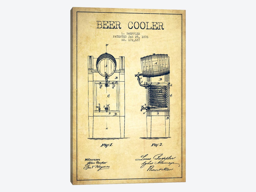 Beer Cooler Vintage Patent Blueprint by Aged Pixel 1-piece Canvas Art Print