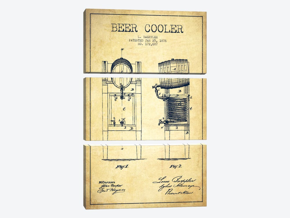 Beer Cooler Vintage Patent Blueprint by Aged Pixel 3-piece Art Print