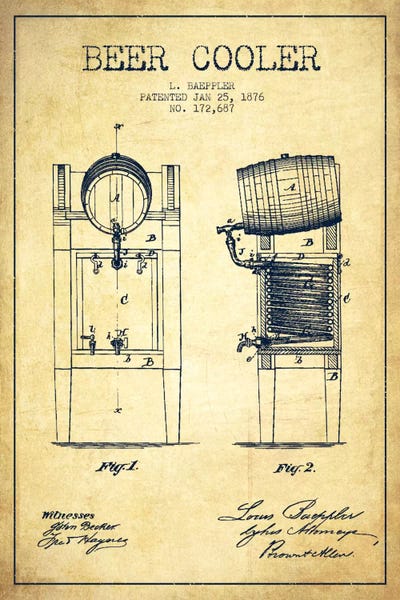 Food & Drink Blueprints: Beer Cooler Vintage Patent Blueprint by Aged Pixel