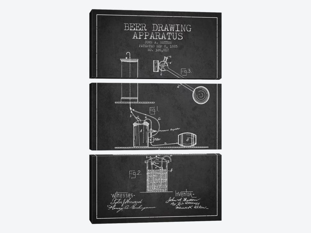 Beer Drawing Charcoal Patent Blueprint by Aged Pixel 3-piece Canvas Art