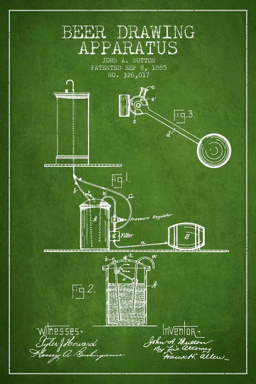 Beer Drawing Green Patent Blueprint by Aged Pixel wall art