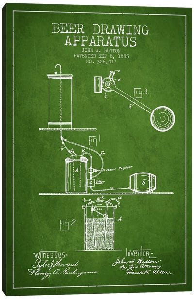 Beer Drawing Green Patent Blueprint Canvas Art Print - Aged Pixel: Drink & Beer