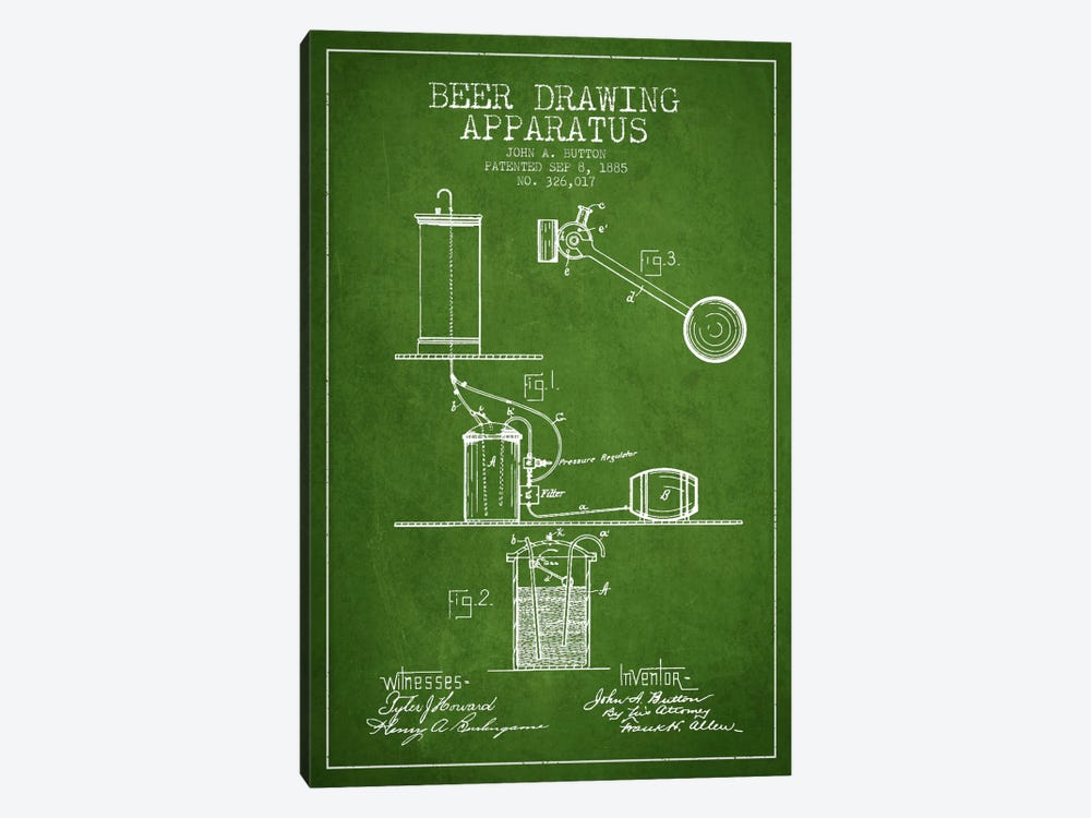 Beer Drawing Green Patent Blueprint by Aged Pixel 1-piece Canvas Art