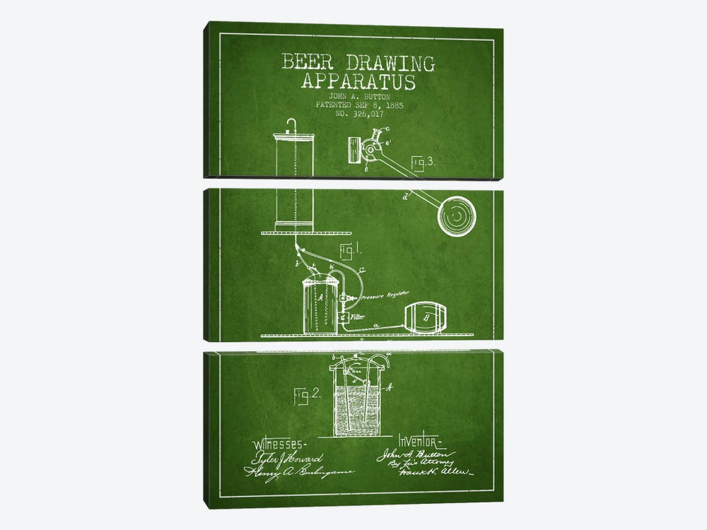 Beer Drawing Green Patent Blueprint by Aged Pixel 3-piece Canvas Wall Art