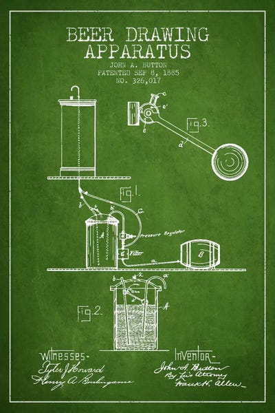 Food & Drink Blueprints: Beer Drawing Green Patent Blueprint by Aged Pixel